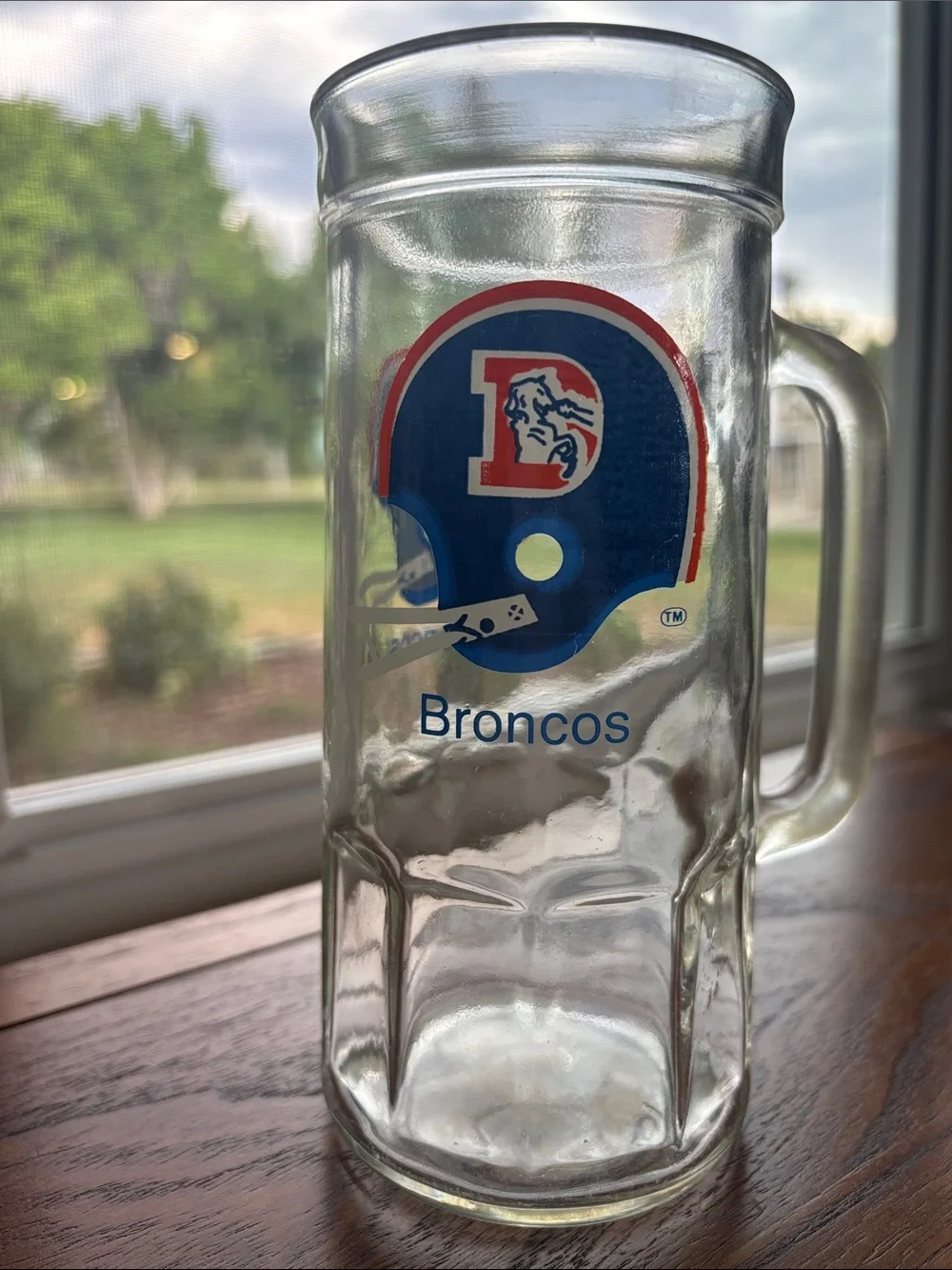 Vintage Denver Broncos Glass Beer Mug - Clear Glass with Blue & Orange Helmet